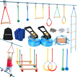 Jugader 50FT Ninja Warrior Obstacle Course for Kids with Zipline Slide Pulley, Ninja Slackline with Climbing Ladder, Monkey Bars, Gym Rings, Rope Knots (Double Line Design)