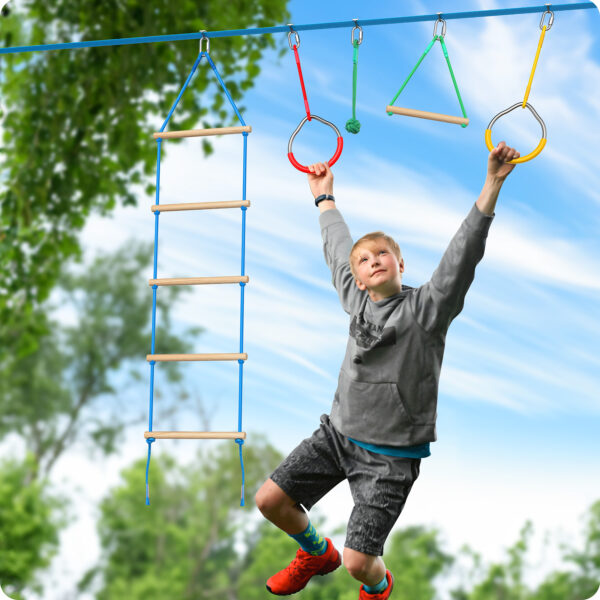Jugader 50FT Ninja Warrior Obstacle Course for Kids with Zipline Slide Pulley, Ninja Slackline with Climbing Ladder, Monkey Bars, Gym Rings, Rope Knots (Double Line Design) - Image 2