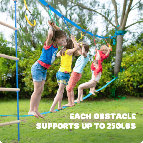 Jugader 50FT Ninja Warrior Obstacle Course for Kids with Zipline Slide Pulley, Ninja Slackline with Climbing Ladder, Monkey Bars, Gym Rings, Rope Knots (Double Line Design) - Image 3