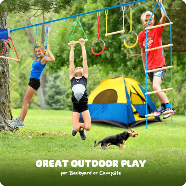 Jugader 50FT Ninja Warrior Obstacle Course for Kids with Zipline Slide Pulley, Ninja Slackline with Climbing Ladder, Monkey Bars, Gym Rings, Rope Knots (Double Line Design) - Image 6