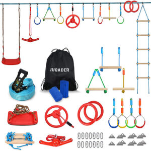 Jugader 65ft Ninja Warrior Obstacle Course for Kids with 13 Accessories Swing, Monkey Bar, Rope Ladder, Rings, Wheel, Twister, for Backyard Outdoor