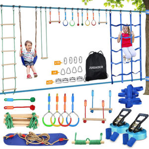 Jugader 2x52ft Ninja Warrior Obstacle Course for Kids with 12 Accessories, Swing, Monkey Bars, Climbing Net, Gymnastic Rings, Rope Ladder and Knots for Backyard