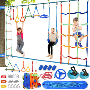 Jugader 50FT Ninja Warrior Obstacle Course for Kids, Ninja Slackline with 10 Accessories Climbing Net, Swing, Ladder, Ninja Wheel, Monkey Bars, Gym Rings, Rope Knots (Double Line Design)