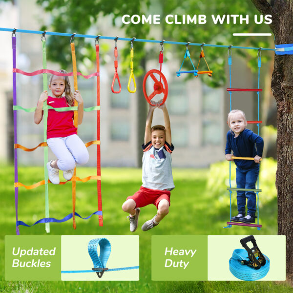 Jugader 50FT Ninja Warrior Obstacle Course for Kids with Saucer Swing, Colorful Net, Climbing Ladder, Ninja Wheel, Monkey Bars, Gym Rings - Image 4