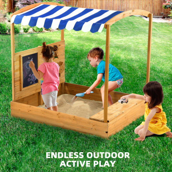 Jugader Wooden Sandbox with Cover, Canopy, Blackboard, Sand Funnel and Wheel, Sand Box with Bench Lid for Kids Outdoor - Image 2