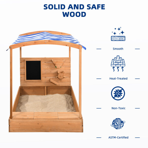 Jugader Wooden Sandbox with Cover, Canopy, Blackboard, Sand Funnel and Wheel, Sand Box with Bench Lid for Kids Outdoor - Image 4